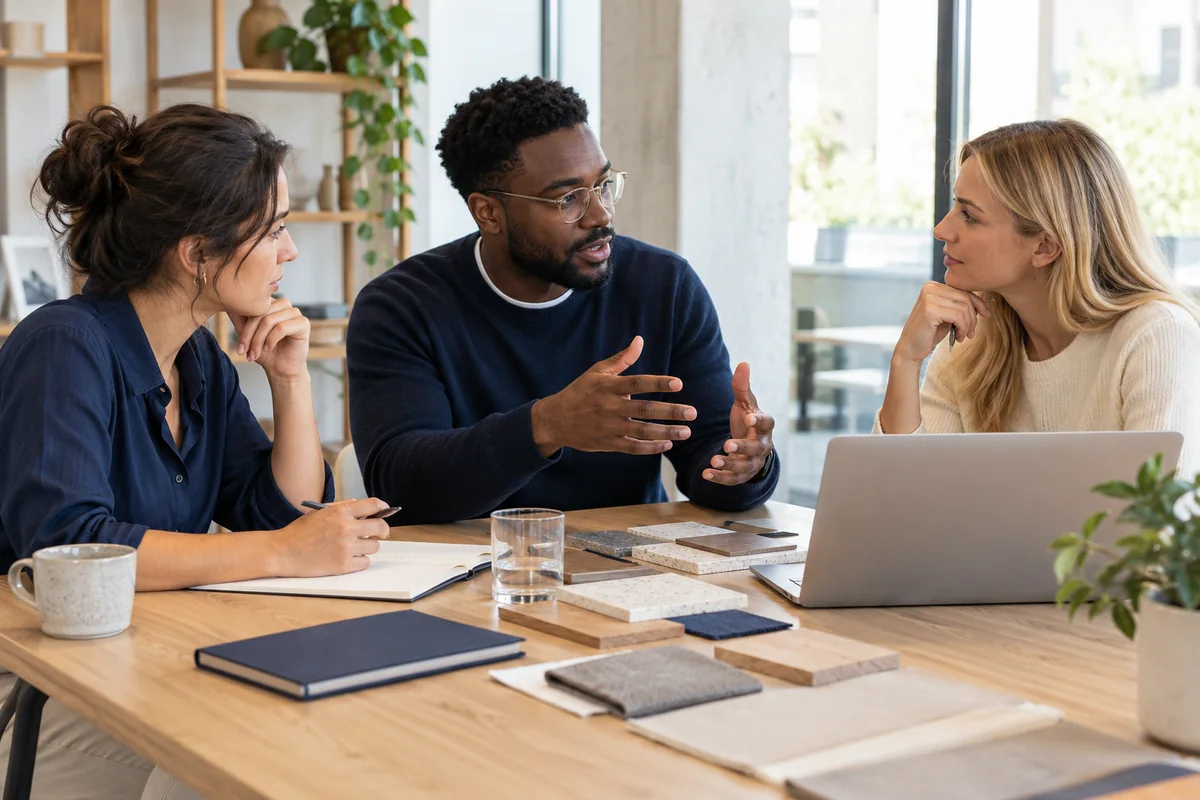 Business colleagues discussing plans around a meeting table