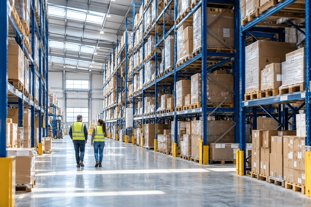 Colleagues walking through a modern wholesale distribution warehouse