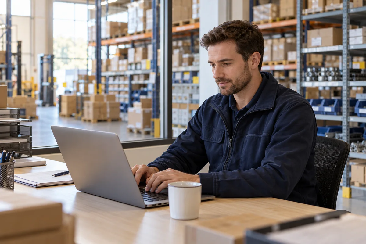 A trade buyer working on a laptop beside a wholesale stockroom